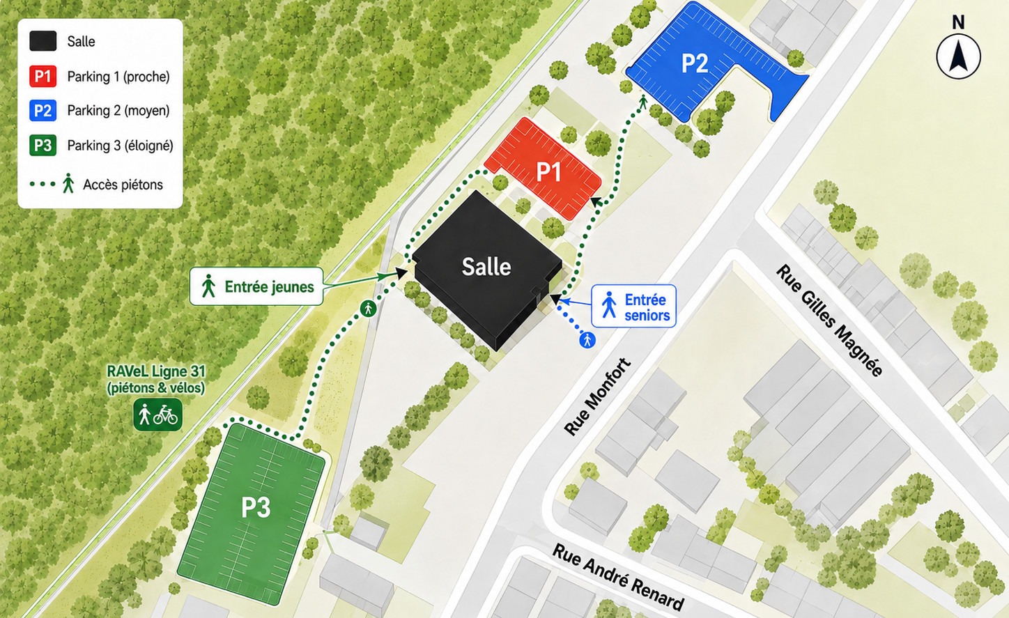 Plan des parkings et accès de la salle principale du RBC Alleur